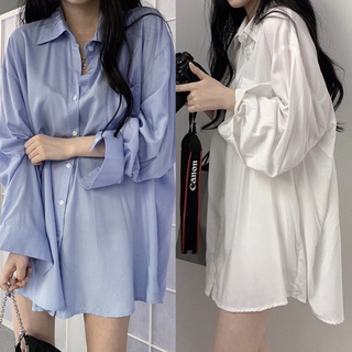 เสื้อเชิ้ตแขนยาวคอปก เชิ้ตแขนยาวสีพื้นทรงหลวม เสื้อเชิ้ตแขนยาวกันแดดทรงหลวม เชิ้ตแขนยาวซัมเมอร์ เสื้อคลุมสีพื้นคูลๆ