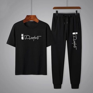 ชุดเซ็ทแฟชั่นเสื้อยืดแขนสั้นสกรีนลาย+กางเกงขายาว กางเกงกีฬา ใส่ได้ทั้งหญิงและชายT533-KU533