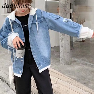 DaDulove💕 2022 New Stitching Denim Jacket Hooded Sweater Tooling Jacket Korean Version Trend Casual Fake Two-piece Top