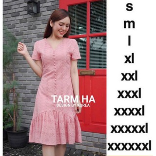 สวยหวาน!!! S-L Mini Dress เดรสสีชมพูผ้าฉลุลายแต่งกระดุมหน้า งานป้าย Tarm Ha