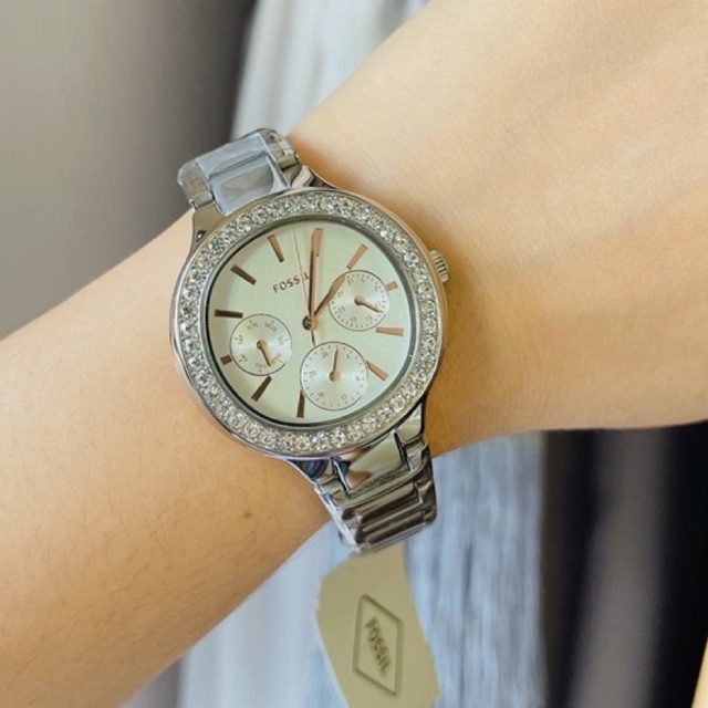 ผ่อน0-นาฬิกา-fossil-weslee-multifunction-two-tone-stainless-steel-watch-bq3703-สแตนเลสสีเงิน-หน้าปัดสีขาว-35-mm