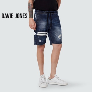 DAVIE JONES กางเกงขาสั้น ผู้ชาย เอวยางยืด สีกรม คาดหนัง Elasticated Shorts in navy SH0055NV