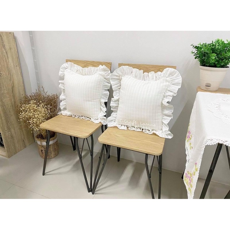 หมอนอิงผ้าฝ้ายสีขาว-ระบายพูฟู่สีขาว-ขนาด16x16นิ้ว-ปลอก-ไส้หมอน