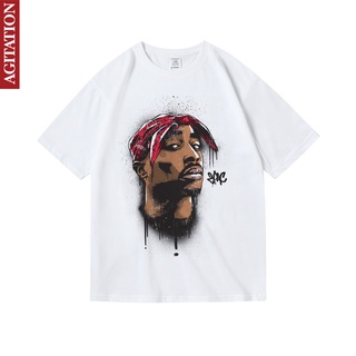 เสื้อยืดโอเวอร์ไซส์❦2pactupac West Coast rap hip-hop hiphop พิมพ์เสื้อผ้าอุปกรณ์ต่อพ่วงผ้าฝ้ายแขนสั้นเสื้อยืดผู้ชายฤดูร้