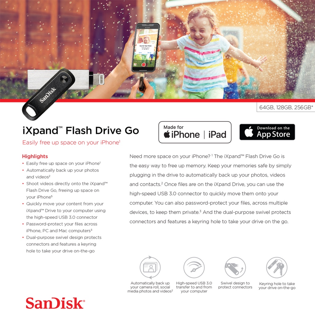 ข้อมูลประกอบของ SanDisk iXpand Flash drive 64-256GB แฟลชไดร์ฟ สำหรับ iPhone iPad ไอโฟน ไอแพด เมมโมรี่ แซนดิส สำรองข้อมูล