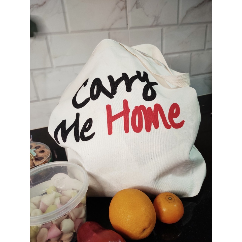 ราคาพิเศษ-กระเป๋าผ้าดิบ-ถุงผ้า-สกรีนอักษร-carry-me-home