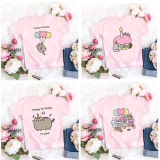 เสื้อยืด พิมพ์ลายกราฟฟิคแมว Pusheen สีชมพู แฟชั่นฤดูร้อน สําหรับเด็กผู้หญิง 2022