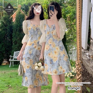 ภาพขนาดย่อของสินค้าฤดูร้อน 2021 ใหม่ เดรสลายดอกไม้หวานปานกลางแขนสั้นเอวและน้องสาวผอม dress