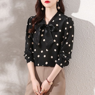 ✿Polka dot เสื้อแขนยาวผู้หญิง 2022 ฤดูใบไม้ผลิใหม่ streamer สวมใส่บางทุกการแข่งขันเสื้อชีฟอง