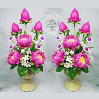 ชุดคู่ แจกัน ดอกบัวประดิษฐ์ ดอกไม้ไหว้พระ (สูง 12 นิ้ว) ดอกบัวปลอม ดอกบัวไหว้พระ ดอกไม้ดินปั้น จาก ดินไทย