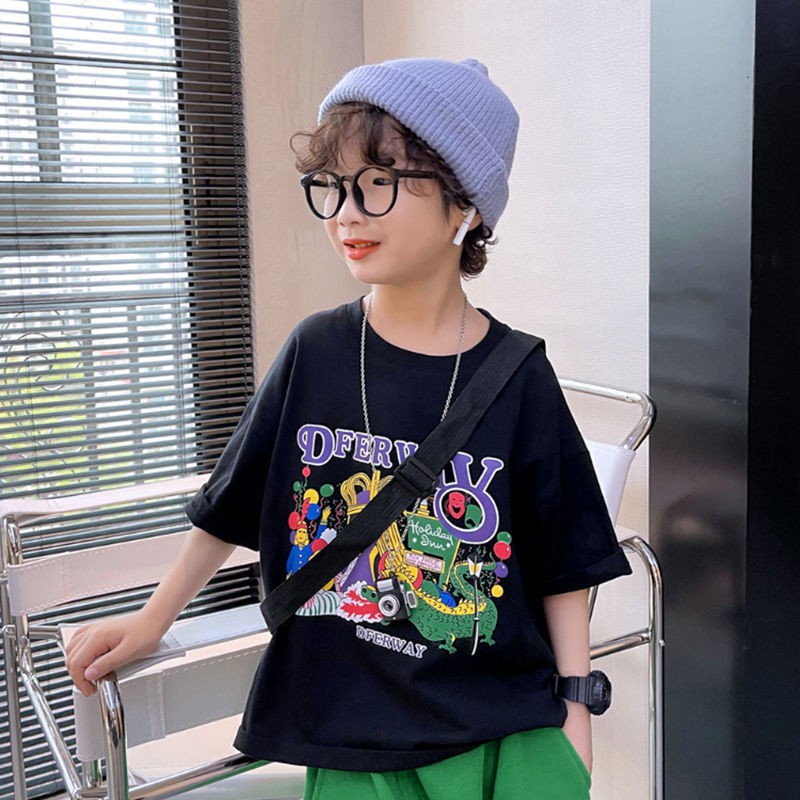 เกาหลีขายร้อน-เสื้อยืดแขนสั้นเด็กผ้าฝ้าย-2021-รุ่นใหม่ของเกาหลีคอกลมสีดำพิมพ์การ์ตูนลำลองหลวม-ๆ-ในเทรนด์เด็กโต