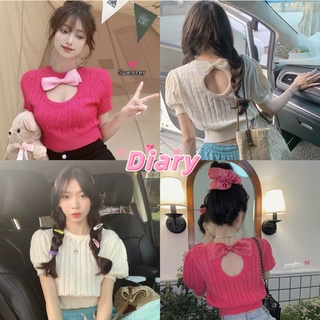 diary(E238)เสื้อครอปไหมพรม แขนสั้น คอกลม ดีเทลเปิดรูแต่งโปว์น่ารัก