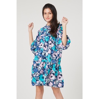 EP เดรสสั้นลายดอกไม้แต่งพลีท ผู้หญิง สีน้ำเงิน | Floral Print Dress with Pleat  Details | 0777