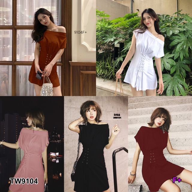 tw9104-dress-เดรสปาดไหล่-แขนล้ำ-แต่งดีเทลด้านหน้า