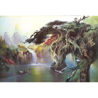 โปสเตอร์ ภาพวาด สีน้ำมัน น้ำตก ต้นไม้ นกกระเรียน Landscapes Nature Painting POSTER 20”x30” Inch Flamingo Waterfall