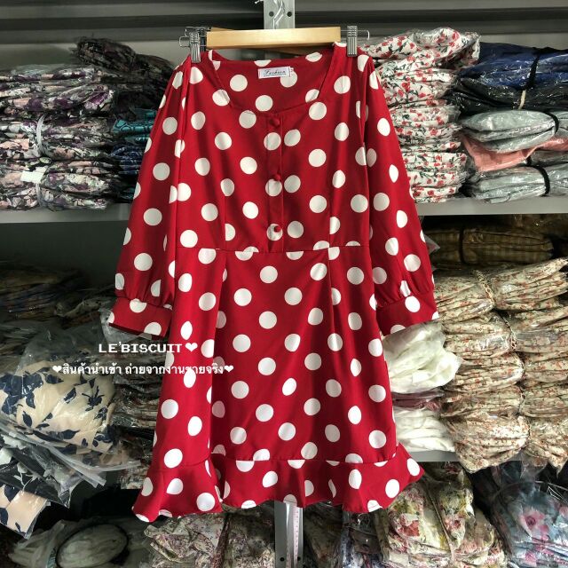 new-polka-dot-dress-สินค้านำเข้า-พร้อมส่ง-มินิเดรสลายดอทสุดคิวท์