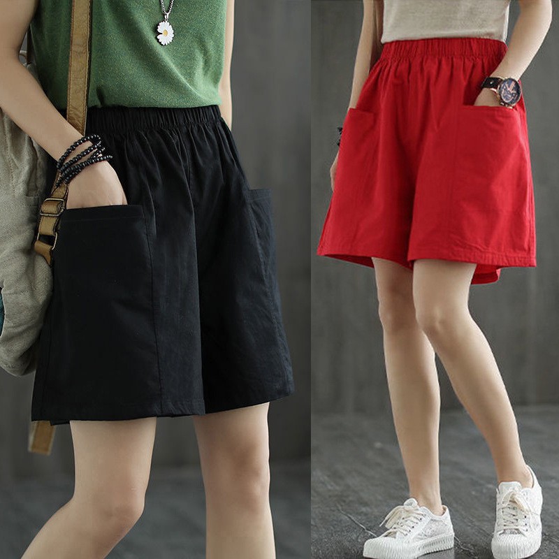 ภาพหน้าปกสินค้ากางเกงขาสั้นผู้หญิง เอวยางยืด ขากว้าง มีกระเป๋า ทรงหลวม สไตล์เกาหลี