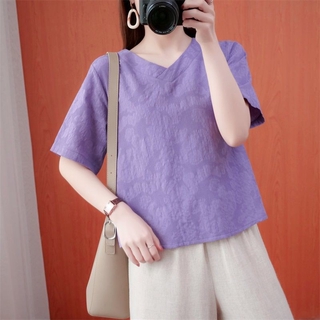 ☸2021 ฤดูร้อนใหม่ผ้าฝ้ายและผ้าลินินแขนสั้นเสื้อผู้หญิงหลวมและหลากหลายอารมณ์ V คอเสื้อขนาดเล็กสามในสี่แขนลำลองเสื้อยืดแนว