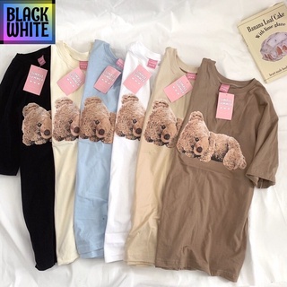 BWCB -พร้อมส่ง ผ้าคอตตอน Cute bear เสื้อยืดทรงโอเวอร์ไซต์ สกรีนหมีนอน S_0050 Street apparel เสื้อยืดเท่ห์ oversize