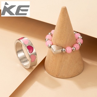 Pink Beads Metallic Silver Contrast Beaded Love Ring Combination Red Nectarine Heart Ring 2-Pi