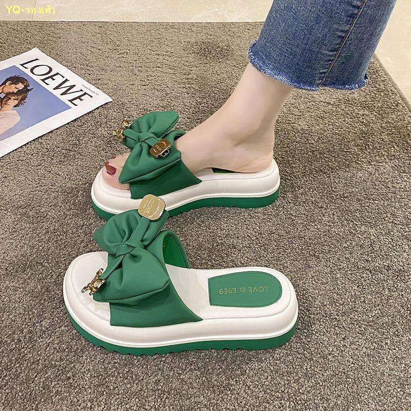 จัดส่งทันที-รองเท้าแตะส้นหนาแบบสวมสำหรับผู้หญิงในปี-2022-แฟชั่นใหม่โบว์รองเท้าแตะและรองเท้าแตะ