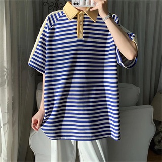 เสื้อโปโล แขนห้าส่วน คอวี ลายทาง เข้ากับทุกการแต่งกาย สไตล์เกาหลี แฟชั่นสําหรับผู้ชาย และนักเรียน