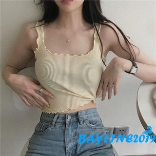 BAY-Women´s Rib Knit Tank Tops, Sexy Sleeveless Solid Color Lettuce Trim Slim Fit Crop Tops