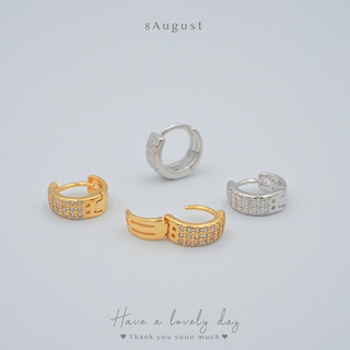 8August ต่างหูเงินแท้ ต่างหูห่วง ฝังเพชรสามแถว 24 เม็ด ดีไซส์สวย เรียบ หรู ขนาด 8mm Hoop Earrings S925 (A26)