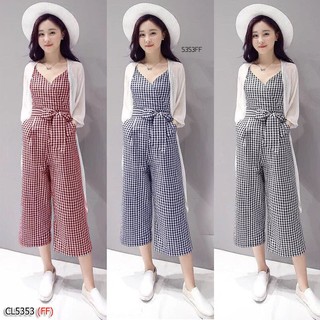 👚👖H5353 จั้มสูทสายเดี่ยวขายาวผ้าทอลายสก็อต มีกระเป๋าล้วงคร๊าาา งานซิปหลังเอวไม่สม็อค+เสื้อคลุมคอกผ้าชีฟอง