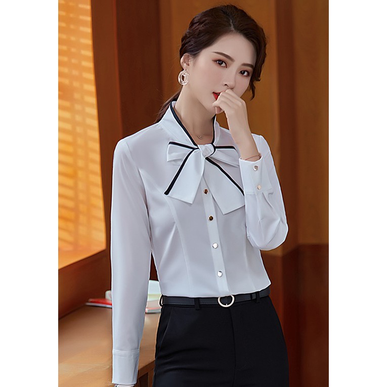 เสื้อเชิ้ตสีขาวแขนยาวใส่ทำงานพร้อมส่งผ้าโพลีเอสเตอร์ใส่สบาย