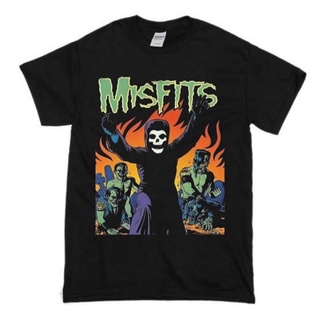 【PUNK】เสื้อยืดสีขาวเสื้อยืด พิมพ์ลายหัวกะโหลก Misfits Band สีดํา สไตล์พังก์ สําหรับผู้ชายS-4XLdntokobthy