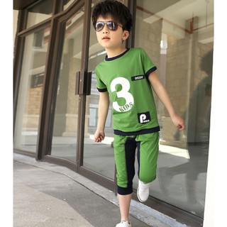 ชุดเด็กน่ารัก เสื้อแขนสั้น ลาย 3Kids พร้อมกางเกง สีเขียว