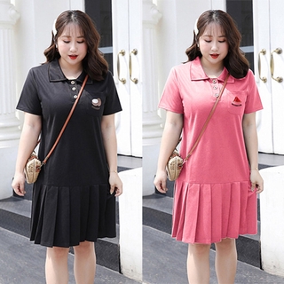 เดรสคอปก (ชายอัดพลีท) เสื้อผ้าสาวอวบ/เสื้อผ้าไซส์ใหญ่