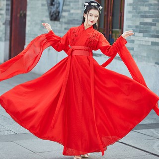 👑ชุดจีนโบราณ👑ชุดจีนโบราณเดรส ผู้หญิงแขนกว้างสไตล์จีน  Hanfu ชุดฤดูร้อนนักเรียนหญิงที่ดีขึ้นชุดกระโปรง