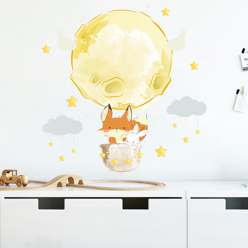 zooyoo-fox-bunny-planet-clouds-stars-สติ๊กเกอร์ติดผนัง-bedroom-wall-beautification-สติ๊กเกอร์ประดับผนัง