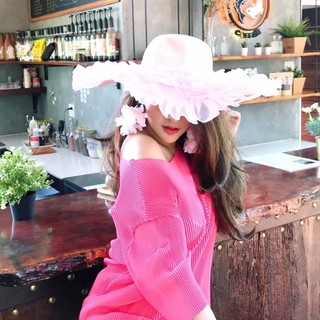 หมวกทรงกลมผู้ดี ปีกระบาย  ผ้าแก้ว👒 ใส่เที่ยวคาเฟ่ ไปทะเล พร๊อบถ่ายภาพ กันแดด