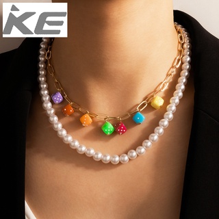 Exaggerated colorful resin dice multi-necklace chain pearl beaded two-clavicle chain for girls