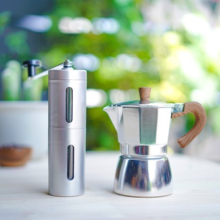 ชุดหม้อต้มกาแฟสด มอคค่าพอท Moka pot (สีเงิน) + เครื่องบดเมล็ดกาแฟ มือหมุน