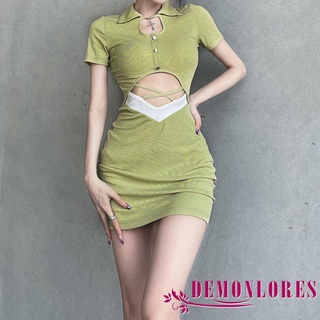 Demonlorest- มินิเดรส บอดี้คอน แขนสั้น สีตัดกัน กลวง กระดุม คลับ สําหรับผู้หญิง