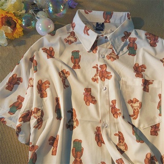 Daiwing Vintage Bear Print Shirt Female Design Sense Niche 2022 Spring and Summer Loose Shirt