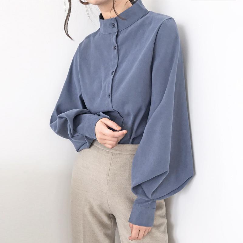 เสื้อเชิ้ตผู้หญิงคอตั้งสีดำ-เสื้อเชิ้ตอารมณ์ฝรั่งเศส-แขนเสื้อ-โคมไฟ-top