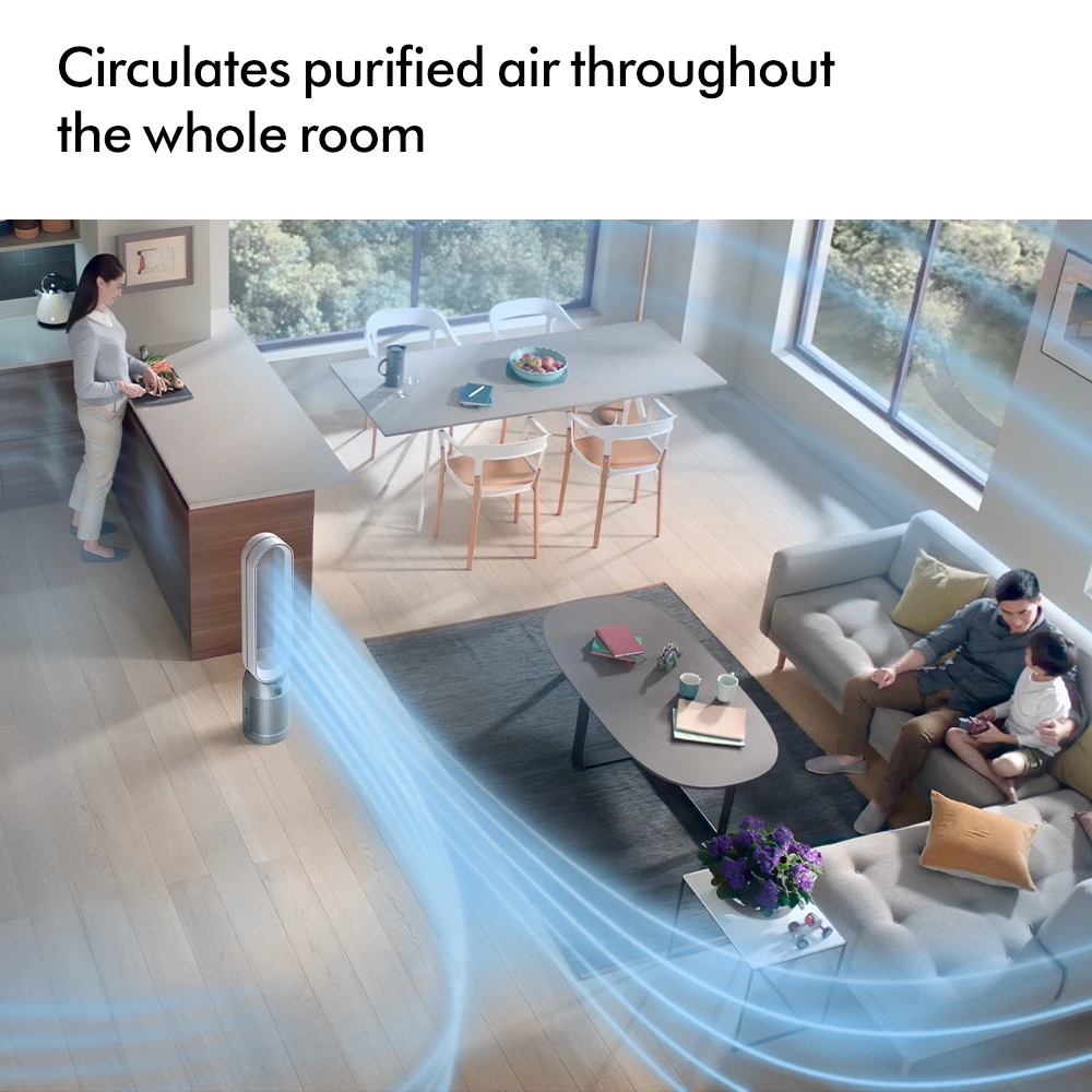 Dyson รุ่น TP07 เครื่องฟอกอากาศและพัดลมไร้ใบพัด (สีขาว/เงิน) ระบบกรอง HEPA H13 ปิดผนึก ดักจับฝุ่น PM2.5 และสารก่อภูมิแพ้ ควบคุมผ่านแอปพลิเคชัน