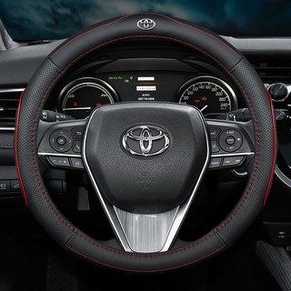 ปลอกหนังหุ้มพวงมาลัยรถยนต์ กันลื่น ระบายอากาศ ลายโลโก้ Toyota 38 ซม. สําหรับ Yaris Fortuner Avanza Camry Corolla CHR Prius Altis Estima Harrier Hilux Innova Vios