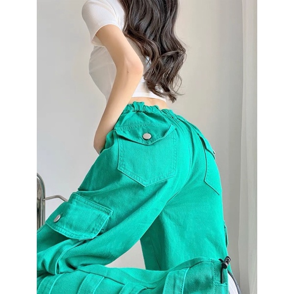 กางเกงยีนส์ขายาว-ทรงคาร์โก้-สีเขียว-สไตล์เกาหลีรุ่นใหม่