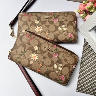 🎀 (สด-ผ่อน) กระเป๋าสตางค์ซิปรอบ มีสายคล้อง น้ำตาลซีลายดอก COACH C8736 LONG ZIP AROUND WALLET IN SIGNATURE CANVAS