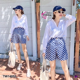 TW14851 Set 2 ชิ้น เสื้อเชิ้ตแขนยาว ผ้าคอตตอนสีพื้น + กางเกงขาสั้น เอวสม็อกหลังกระดุมหน้า มีกระเป๋าข้าง ผ้าคอตตอนลายจุด