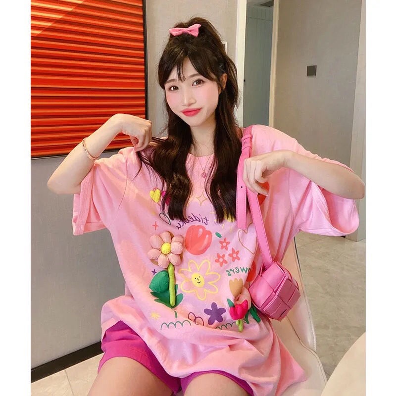 ten-th-การ์ตูนสามมิติดอกไม้พิมพ์เสื้อยืดแขนสั้นผู้หญิง-2022-ฤดูร้อนใหม่หลวม-cherry-blossom-บุคลิกภาพอารมณ์-top
