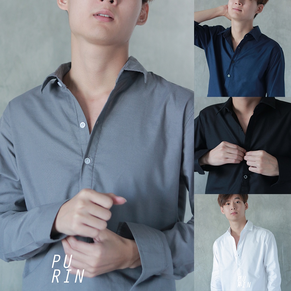 ภาพหน้าปกสินค้าPurinmens รีดง่าย ใส่สบายมาก เสื้อเชิ้ตสไตล์เกาหลี ผ้าคอตตอนผสมลินิน แขนยาว คอปก กระดุมครึ่งตัว สีขาว สีเทา สีดำ W-HALF