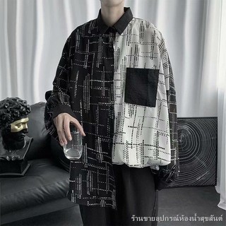 ∏ ❡✤●เสื้อเชิ้ตลายทางผู้ชายแขนยาวสไตล์เกาหลีหลวมหล่อสุทธิสีแดงสไตล์ฮ่องกงการเพาะปลูกด้วยตนเองเย็บตัดกันเสื้อ1