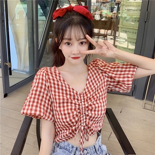 พร้อมส่ง เสื้อเชิ้ตแขนสั้น คอวี ลายสก๊อต สําหรับผู้หญิง JL-TX-187 2022